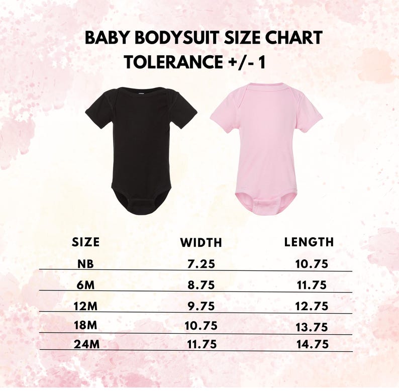 K&ouml;nnte beinhalten: Eine Gr&ouml;&szlig;entabelle f&uuml;r Babybodys mit einem schwarzen und einem hellrosa kurz&auml;rmeligen Body. Der Text lautet BABY BODYSUIT SIZE CHART, TOLERANCE +/- 1, und listet die Gr&ouml;&szlig;en NB, 6M, 12M, 18M, 24M mit Breite und L&auml;nge in Zoll auf.