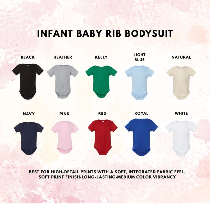 K&ouml;nnte beinhalten: Eine Kollektion von zehn gerippten Baby-Bodys in Schwarz, Heather, Kelly-Gr&uuml;n, Hellblau, Natur, Marineblau, Pink, Rot, K&ouml;nigsblau und Wei&szlig;. Der Text lautet INFANT BABY RIB BODYSUIT und BEST FOR HIGH-DETAIL PRINTS WITH A SOFT, INTEGRATED FABRIC FEEL. SOFT PRINT FINISH-LONG-LASTING-MEDIUM COLOR VIBRANCY.