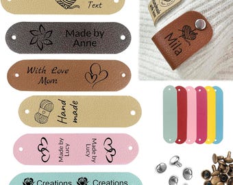 Personalized Leather Crochet Labels Custom Handmade Tags for Knitting Crochet Items, DIY Clothing Labels with Rivets