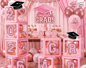 Class of 2026 Graduation Balloon Decoration Kit | Pink Graduation Party Backdrop with 2026 Numbers, GRAD Letters, LightsTable Centerpiece