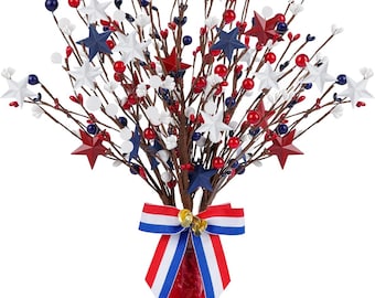 4 Patriotic Berry Stem Picks with Bow – Americana Red White Blue Floral Decor for 4th of July, Memorial Day, Independence Day Decorations