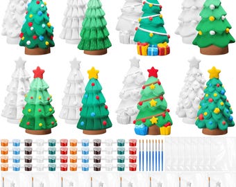 DIY Paint Your Own Ceramic Christmas Tree Kit, Unpainted Plaster Holiday Craft Set with Paints Brushes, Creative Xmas Decoration Family gift