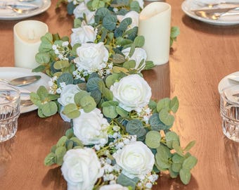 Artificial White Rose Eucalyptus Garland with Baby’s Breath 6FT Wedding Flower Vine Romantic Floral Arch Table Decor for Home Wedding Party