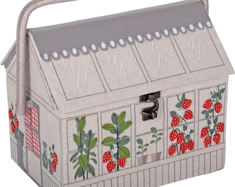 Strawberry Greenhouse Sewing Box with Tray OrganizerCute Floral Craft Storage Basket Handle Sewing Kit Holder for ThreadsNeedles Accessories