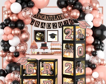 Pink & Black Graduation Party Decorations 2026 Balloon Arch Kit Class of 2026 Grad Balloon Boxes, “GRAD” Letters, So Proud of You Decor