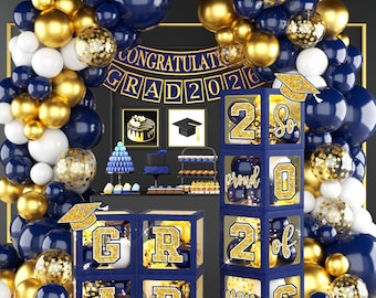Class of 2026 Graduation Decorations Set – Navy Blue & Gold Balloon Garland Kit with Boxes, Letters  Party Backdrop Decor