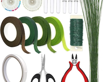 Complete Floral Arrangement Kit for DIY Bouquets, Corsages Wedding Flowers – Floral Tape, Stem Wire, Water Tubes, Wire Cutter & Pins Set