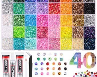 40,000 AB Resin Rhinestones Kit with B7000 Glue, 3mm Flatback Gems for Tumblers, Nails, Crafts & DIY Décor