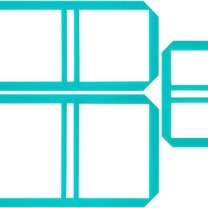 May include: A set of four teal-colored cookie cutters in various geometric shapes. The cutters are designed with a rectangular shape and a smaller rectangular shape with a horizontal bar.