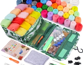 Complete Needle Felting Kit for Beginners, 42 Color Wool Roving Set, DryWet Felting Supplies, Tools Storage Bag, Gift for Crafters
