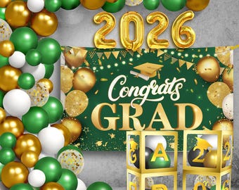 Graduation Balloon Arch Kit 2026, Green Gold Grad Party Decorations, Balloon Boxes, Banner, Class of 2026 Décor Set