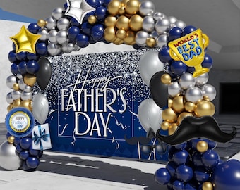 141PCS Father’s Day Balloon Garland Kit with Large Backdrop Blue Gold Silver Balloons World’s Best Dad Party Decorations Father’s Day Photo