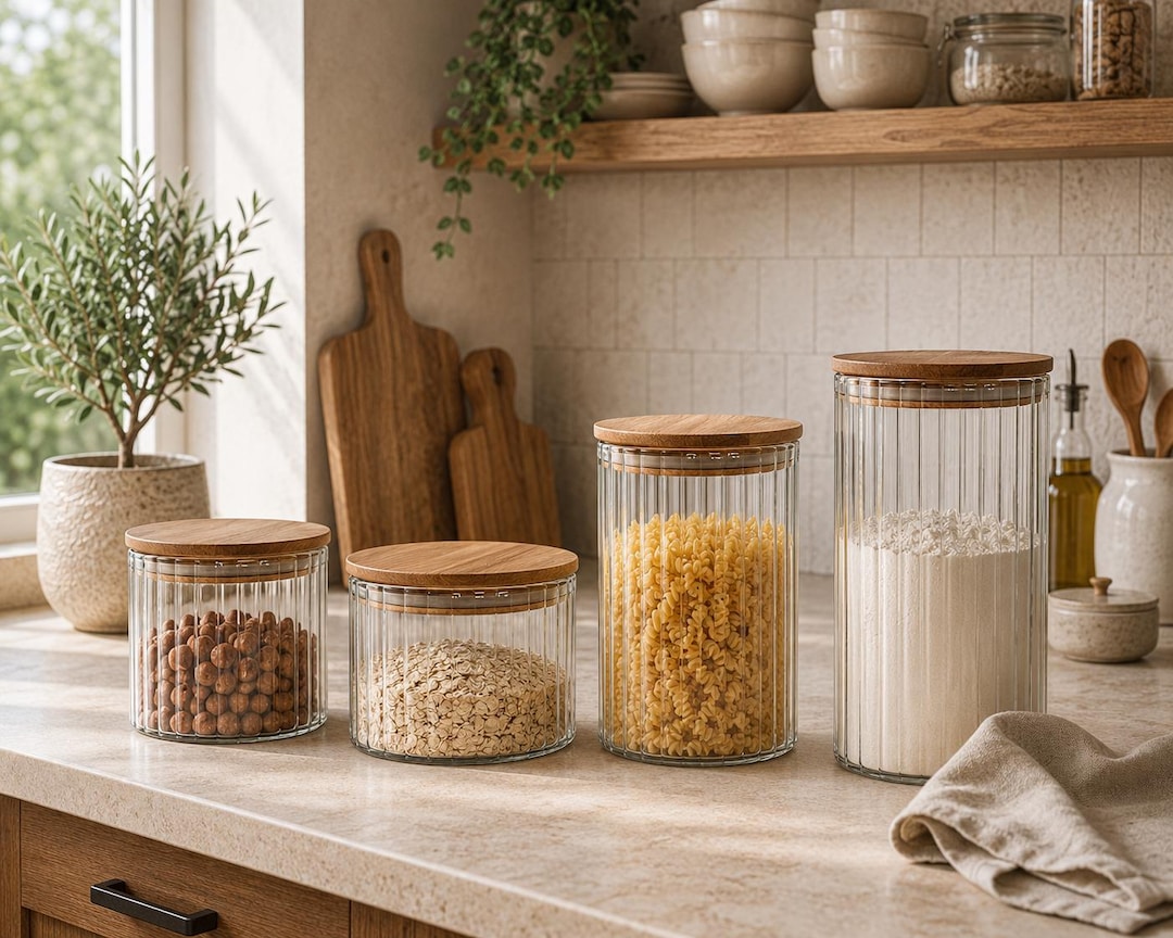 Handmade Ribbed Glass Storage Jar With Wooden Lid | Scandinavian ...