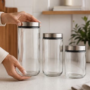 Conjunto de Potes de Vidro com Tampas de Aço Inoxidável | Recipientes Herméticos para Cozinha | Capacidades de 600ml, 800ml e 1000ml | Organização da Despensa