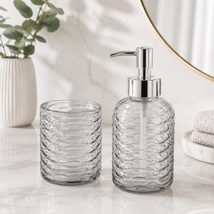 Set da bagno di lusso in vetro fumé | Dispenser di sapone in vetro | Bicchiere