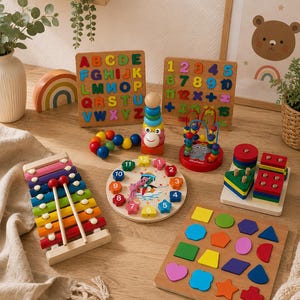 May include: A collection of colorful wooden educational toys, including an alphabet board, number board, shape sorter, xylophone, and a clock with numbers. The toys are arranged on a wooden surface, ideal for early learning.