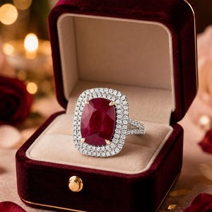 Peut inclure: Une bague avec un rubis rouge taille coussin montée sur un anneau en métal argenté, entourée d'un double halo de petites pierres blanches. La bague est présentée dans un écrin à bijoux en velours rouge profond avec un intérieur beige.