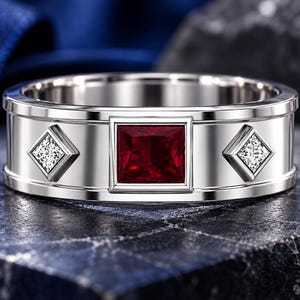 May include: A silver-toned band ring featuring a central square-cut deep red gemstone flanked by two smaller square-cut clear white gemstones. The stones are set in a polished metal band with a smooth, reflective surface and clean, geometric lines.