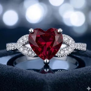 Peut inclure: Une bague argentée ornée d'une grande pierre précieuse rouge foncé en forme de cœur au centre. L'anneau se divise en deux bras incurvés délicats de chaque côté, incrustés de petites pierres claires et scintillantes le long de la tige.