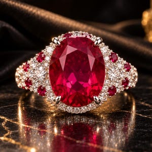May include: A ring featuring a large oval-cut deep red gemstone as the centerpiece, surrounded by a halo of small clear white stones and additional small red stones set into the band, all mounted in a polished metallic setting with prongs.