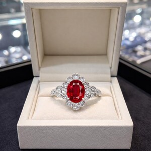 Op de afbeelding: Een zilverkleurige ring met een centrale ovaal geslepen levendig rode edelsteen, omringd door een geschulpte halo van kleine ronde witte steentjes. De ring wordt gepresenteerd in een open, crèmekleurig, vierkant juwelendoosje met fluwelen voering.
