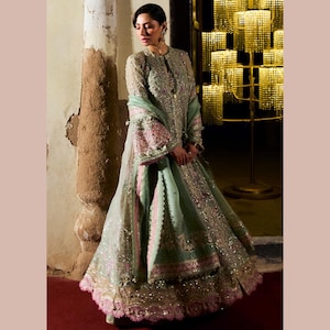 Mint Green and Multi Embroidered Pishwas Maxi Dress with Dupatta and Potli bag | Pastel Pakistani and Indian  Wedding guest dress