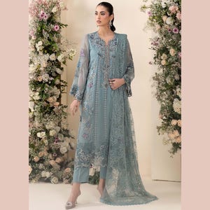 Pakistani Embroidered Chiffon Suit in Slate Blue color | Pakistani Indian Wedding Guest Dress | Floral Formal Outfit with Dupatta & Potli