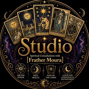 Puede incluir: Diseño circular con cartas del tarot y símbolos místicos. La palabra "Studio" está en letras doradas, con el texto debajo que dice "Spiritual Consultations with [Frather Moura]". Incluye "Arcane Power" y "Soul Oracle".