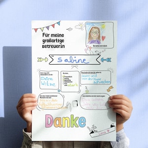 Pode incluir: Uma folha de papel branca com texto em alemão e ilustrações desenhadas à mão intitulada Für meine großartige Betreuerin. Inclui seções para Sabine, um autorretrato e notas manuscritas sobre piadas, leitura e um torneio de futebol.