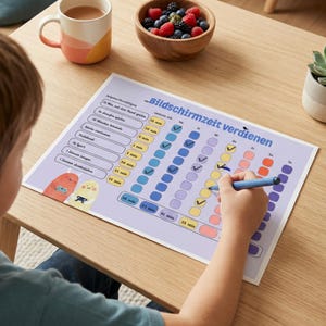 Könnte beinhalten: Ein hellvioletter Aufgabenplaner mit der Überschrift Bildschirmzeit verdienen, der ein Raster zur Verfolgung täglicher Aufgaben und Bildschirmzeit enthält. Der Planer zeigt zwei kleine bunte Monster und Spalten für Wochentage mit Häkchen.