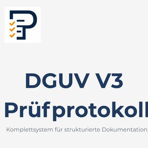 Peut inclure: Un ordinateur portable affiche un formulaire intitulé "Prüfprotokoll Ortsveränderliche Betriebsmittel." L'image comprend le texte "DGUV V3 Prüfprotokoll" et "Komplettsystem für strukturierte Dokumentation." Une bannière orange indique "Excel + PDF."