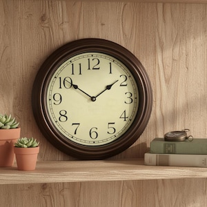 Peut inclure: Une horloge murale ronde et marron avec un cadran crème et des chiffres noirs. L'horloge a des aiguilles noires et un cadre marron foncé. L'horloge est sur une étagère en bois avec de petites plantes en pot et des livres.