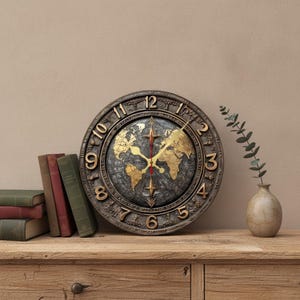 Geräuschlose Holzwanduhr mit Vintage-Weltkarte, 25 cm Durchmesser, Dekoration für Zuhause und Büro, perfektes Geschenk für Reise- und Geographiebegeisterte
