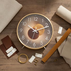 Peut inclure: Une horloge murale ronde avec un cadre doré et un cadran brun foncé illustrant une lune dorée et une éclipse sombre. L'horloge présente des chiffres arabes blancs de 1 à 12 ainsi que des aiguilles blanches pour les heures, minutes et secondes.