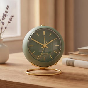 Peut inclure: Une horloge analogique ronde vert sauge avec une base circulaire dorée et des aiguilles dorées. Le cadran présente des marqueurs d'heure dorés et le mot QUARTZ imprimé en doré près du centre inférieur. L'horloge possède un couvercle en verre.