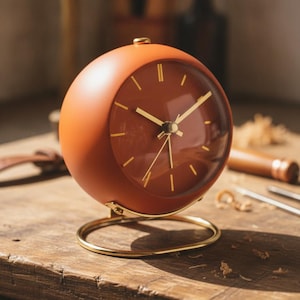 May include: A spherical table clock with a matte burnt orange casing and a matching orange face. It features thin gold-toned hour markers and hands, protected by a clear glass cover. The clock rests on a circular gold-toned metal wire stand.