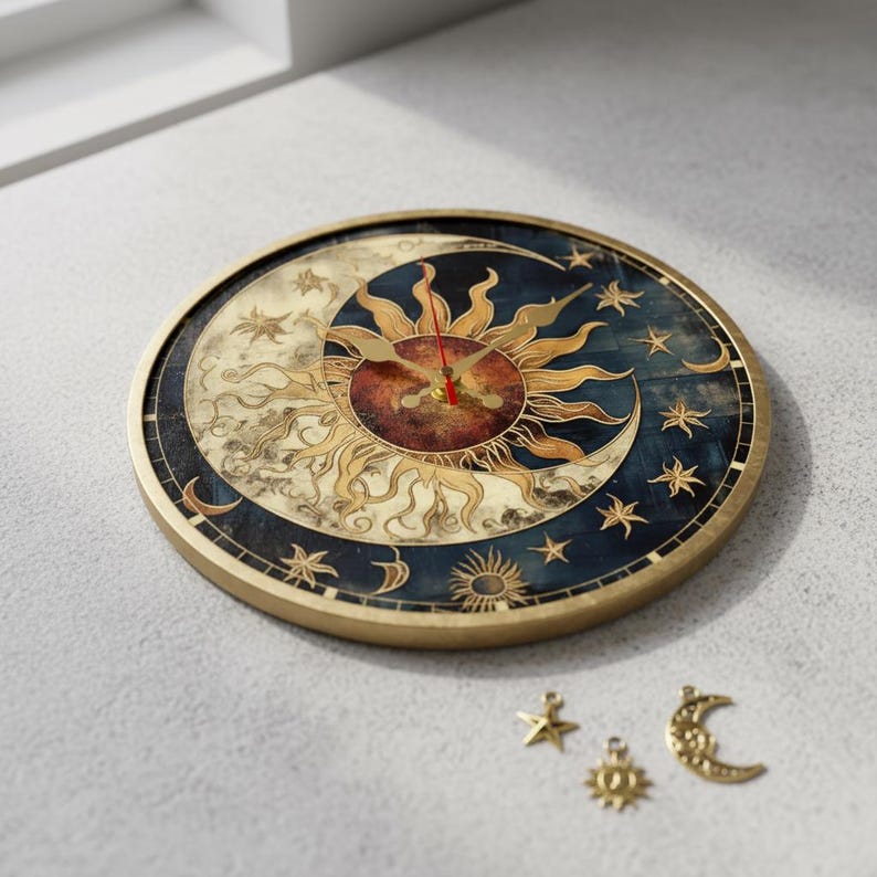 CLOCK MOON Wooden Wall Clock – Silent Round Sun & Moon Decor for Living ...