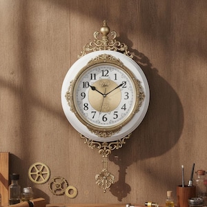 May include: A round wall clock with a white frame and gold-toned ornate metal detailing at the top and bottom. The clock face features black Arabic numerals, black hands, and a central gold-toned circular inlay with the script text "Clocks".