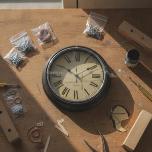 Peut inclure: Une horloge murale ronde avec un cadre sombre et un cadran beige affichant des chiffres romains et des aiguilles noirs. L'horloge est entourée de divers composants de quincaillerie, dont des sachets de vis, du fil de cuivre et deux tournevis.