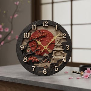 Op de afbeelding: Een decoratieve ronde klok met een Japans thema. De wijzerplaat toont een rode zon, een pagode en een samoeraifiguur. De klok heeft gouden wijzers en een zwart, getextureerd frame. De cijfers zijn goudkleurig.