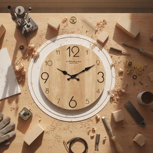 Könnte beinhalten: Eine runde Wanduhr aus Holz mit schwarzen Ziffern und schwarzen Zeigern, auf deren Zifferblatt der Text "est 1765 vintage clocks" gedruckt ist. Die Uhr ist umgeben von verschiedenen Holzwerkzeugen, Holzresten und Sägespänen auf einer hellen Holzoberfläche.
