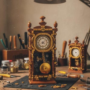 May include: A brown and gold clock constructed from building blocks, featuring a circular face with Roman numerals, an exposed gear mechanism, and a large pendulum. The clock is adorned with decorative gold accents and a fleur-de-lis emblem.