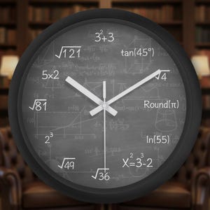 Op de afbeelding: Een ronde wandklok met een zwarte rand en een donkergrijze wijzerplaat in schoolbordstijl. De wijzerplaat bevat witte wiskundige vergelijkingen en uitdrukkingen op elke uurpositie, waaronder vierkantswortels en trigonometrie, met witte wijzers.