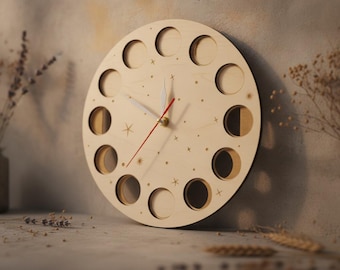 May include: A circular light-colored wooden wall clock featuring twelve circular cutouts arranged around the perimeter. The clock face is decorated with small engraved star patterns and includes two white hour and minute hands along with a thin red second hand.
