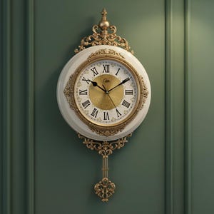 Könnte beinhalten: Eine weiße und goldene Wanduhr mit römischen Ziffern. Die Uhr hat ein goldfarbenes Zifferblatt und eine verzierte goldfarbene Verzierung um das Zifferblatt und das Pendel. Die Uhr ist an einer grünen Wand befestigt.