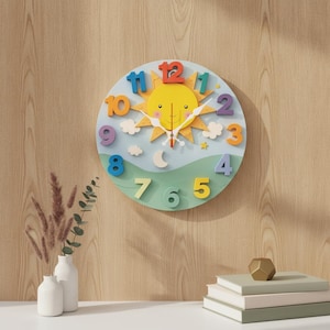 Silencious Round Wooden Sun Cartoon Wall Clock – Ideal for Living Room, Office, Bedroom Decor – Gift for Kids & Teenagers – 25 cm