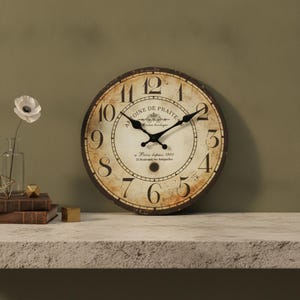 Könnte beinhalten: Eine runde Wanduhr mit einem cremefarbenen Zifferblatt im Used-Look, schwarzen arabischen Ziffern und schwarzen Metallzeigern. In der Mitte steht der Text Antoine De Praite, Paris depuis 1801, 25 Boulevard des Batignolles, mit einem Emblem.