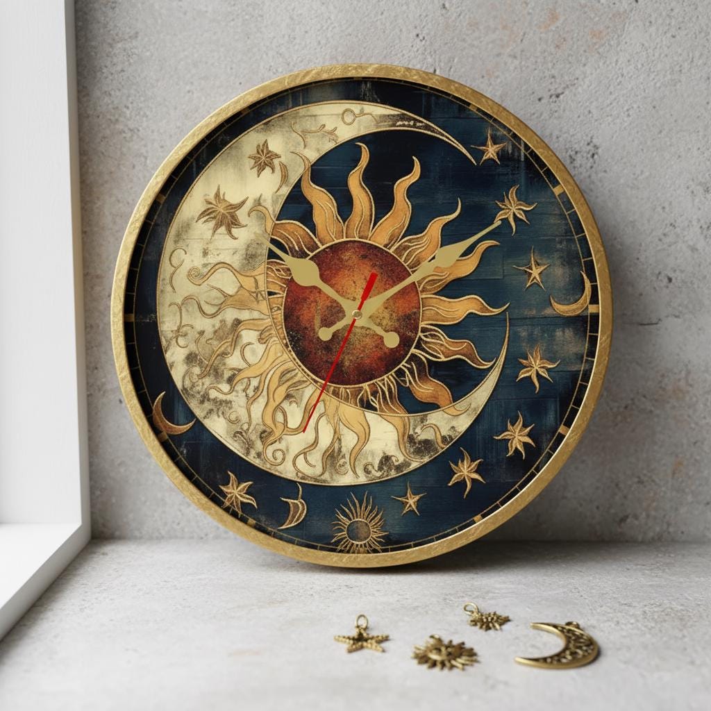 CLOCK MOON Wooden Wall Clock – Silent Round Sun & Moon Decor for Living ...