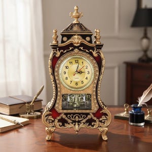 May include: A decorative mantel clock featuring a deep burgundy and gold finish with ornate scrollwork. The clock face is circular with black Arabic numerals and a gold background. A pendulum is visible through a rectangular glass window below.