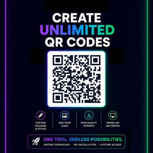 以下が含まれることがあります： 黒い背景とネオンの紫と緑のボーダーのデジタルグラフィック。テキスト「CREATE UNLIMITED QR CODES」がQRコードの上に表示されています。QRコードの下には、アイコンとテキスト「CUSTOM COLOURS & STYLES」、「ADD YOUR LOGO」、「HIGH QUALITY EXPORTS」、「WORKS ON ANY DEVICE」があります。